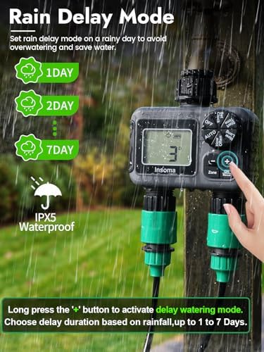 Insoma 2 Zone Water Timer, Programmable Irrigation Sprinkler Timer for Garden Hose, Outdoor Hose Faucet Timers with Rain Delay/Manual/Auto Modes, IPX5 Waterproof for Drip System & Lawn - Image 5