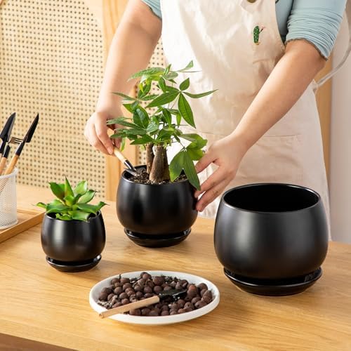 vancasso 3-Pack Ceramic Plant Pots, 3.7/4.8/6.2 Inch Indoor Planters with Saucers & Drainage Hole Planter pots for Indoor Plants and Flower, Black - Image 4
