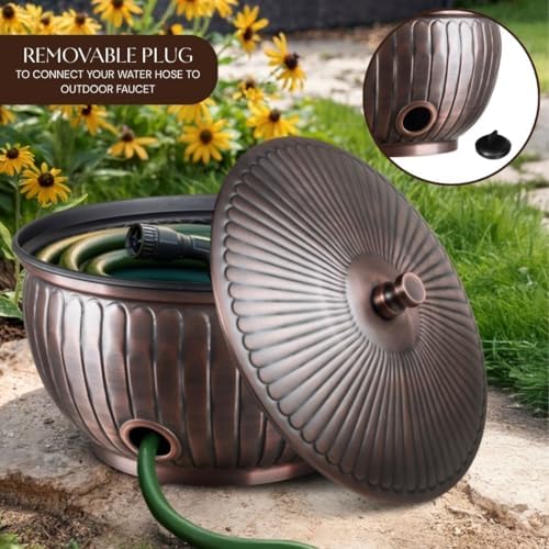 Monarch Abode Garden Hose Holder with Lid – Decorative Water Hose Holders for Outside, Arch Embossed Metal Antique Copper Pot with Drainage, 100ft Waterhose Holder for Outside, Garden Storage Caddy - Image 4