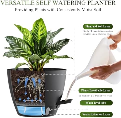 Plant Pots, 4 Pack 12/10/9/8 Inch Self Watering Pots with Drainage Holes, Water Level Indicator Deep Reservoir, Large Planters for Indoor Outdoor Plants - Black - Image 4