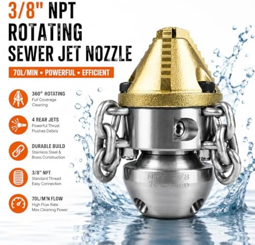 Anrain 3/8" NPT Sewer Jet Nozzle, 70L/min High-Pressure Drain Cleaner with Sharp Tip & Removable Chains, Compatible with 70L/min Pressure Washers for Pipe Blockages (Roots, Deposits) - Image 3