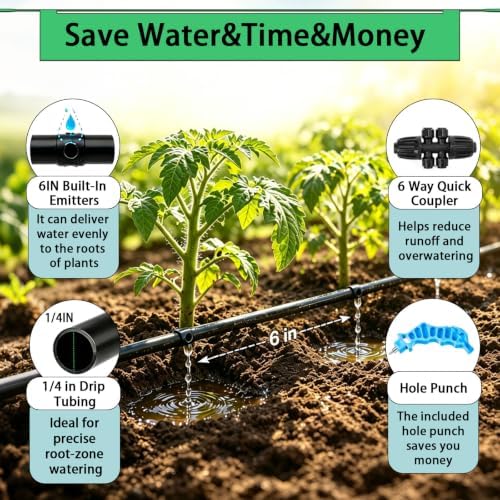 1PC 1/4" Drip Irrigation Dripline Tubing 100FT, 0.5 GPH Emitters Built-in Drip Irrigation Line, 6" Emitter Spacing with 1/4" Fittings Included, 1PC Hole Punch, Saving 80% Water, Black - Image 2