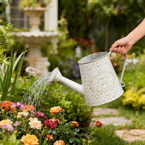 Vintage White Metal Flower & Garden Watering Can, Rustic Farmhouse Decorative Watering Pot Planter for Home Patio Backyard Outdoor Plant Care - Image 2