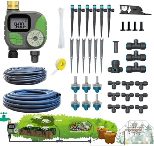 Drip Irrigation System for Garden with Water Timer Plug-in Quick Connection Drip Irrigation Kit 5/16“ID and 1/4 Inch Pipe Auto Watering System for Garden Spray, for Greenhouse, Lawn, Potted Plants by Winbomgo