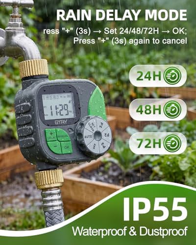 Brass Sprinkler Timer, IP55 Programmable Hose Water Timer with 3 Watering Program, Digital Watering System with Rain Delay & Manual Override, for Garden, Lawn, Yard Care - Green - Image 6