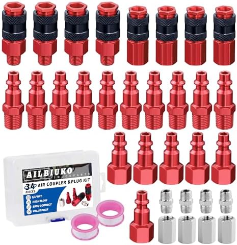 34PCS 1/4" Aluminum Air Hose Fitting Coupler & Plug Compressor Kit by Ailbiuko