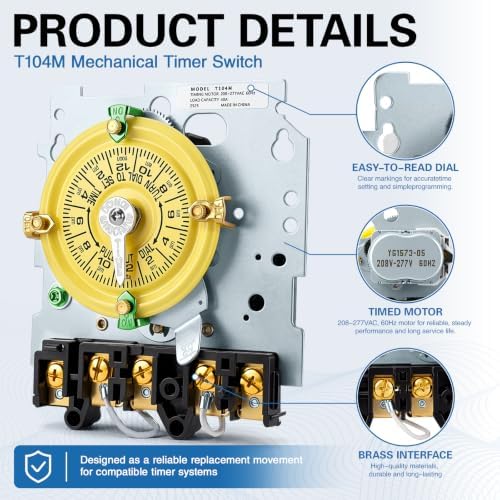T104M Mechanical Timer Switch, 208-277V 40A Time Switch, Pool Pump Timer, 12 ON/Off 24Hour T104M for Light Lighting WaterHeater Fan and HVAC Systems - Image 4