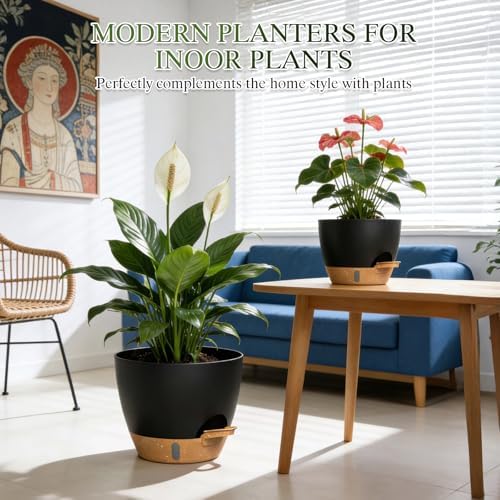 Plant Pots, 4 Pack 12/10/9/8 Inch Self Watering Pots with Drainage Holes, Water Level Indicator Deep Reservoir, Large Planters for Indoor Outdoor Plants - Black Brown - Image 5