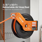 VEVOR Retractable Air Hose Reel, 3/8IN x 50FT Rubber Air Hose Max 300PSI, Air Compressor Hose Reel Auto-Rewind with 5FT Lead in, Ceiling/Wall Mount Heavy Duty Single Arm Reel & 180° Swivel Bracket - Image 2