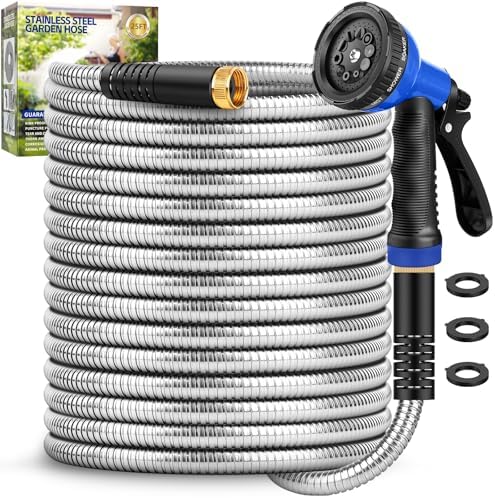 Garden Hose 25 ft, Stainless Steel Metal Hose, Flexible Water Hose with 10 Function Nozzle, Kink Free, Leak-Proof, Heavy Duty Hose for Yard, Outdoor, Lawn, RV, Car Wash and Camper Use by GAGALUGECMetalGardenHose