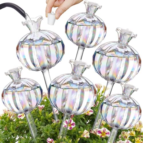 NiHome Cactus-Shaped Glass Plant Self-Watering Globes 6-Pack, Glass Waterer Stakes for Potted Plants, Automatic Mini Irrigation System, Adorable Gardening Tool (Iridescent, 3 Large + 3 Medium) by NiHome