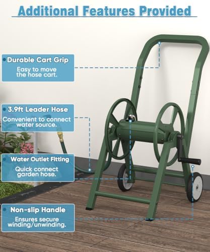 Artigarden Garden Hose Reel Cart with Wheels, Holds 165 ft of 5/8’’ Hose Outdoor Heavy Duty Powder-coated Steel Water Storage Holder Rack with 3.9 Ft Leader Hose for Outside Lawn Yard, Green - Image 6