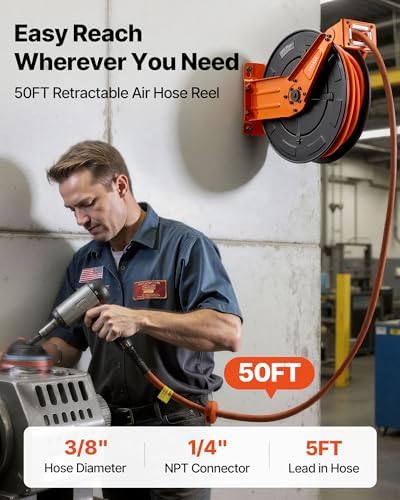 VEVOR Retractable Air Hose Reel, 3/8 Inch x 50 FT Rubber Air Hose Max 300PSI, Auto Rewind Air-Compressor Hoses Reel with 5 ft Lead in, Ceiling/Wall Mount Heavy Duty Steel Double Arm - Image 2