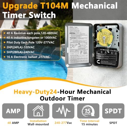 T104M Mechanical Timer Switch,208-277 VAC 5HP 40A DPST Pool Pump Timers Replacement,24-Hour12 ON/Off Cycles for Water Heater,Pool Pump,Lighting,Fans,Heavy-Duty Mechanical Time Switches(Mechanism Only) - Image 4