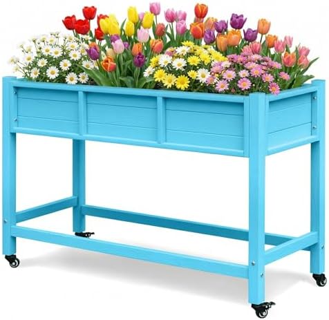 DWVO 47x18x31in Raised Garden Bed HDPE, Weather-Resistant Poly Wood Planter Box Stand, Planter Box with Legs & Lockable Wheels, Elevated Garden Bed for Backyard Patio Balcony - Aruba Blue by DWVO