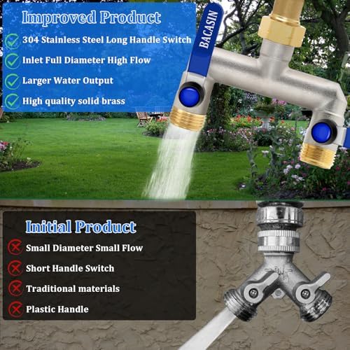 Brass Garden Hose Splitter 2-Way Heavy Duty - 3/4" GHT Threads with 2×304 Stainless Steel Handles, High Flow Design for Efficient Water Distribution - Image 2