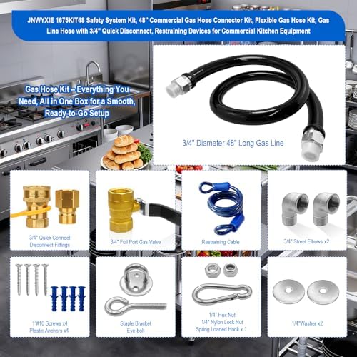 1675KIT48 Commercial Gas Hose Connector Kit, 48" Mobile Gas Line kit with 3/4" Quick Disconnect, Full Port Gas Valve & Flex Hose, Quick Connect Safety System for Commercial Kitchen Equipment - Image 2