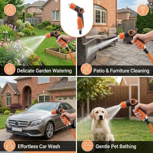 High Pressure Garden Hose Nozzle with 4 Spray Patterns & Thumb Control (Orange) - Image 7