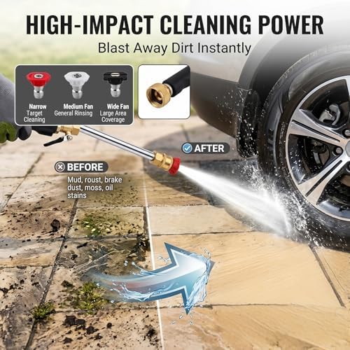 Sakerplus Pressure Washer Wand for Garden Hose, 17.5" Hydro Jet Power Washer Wand with 3 High-Pressure Nozzles, Brass Quick Connect Garden Hose Nozzle for Car Wash, Patio,and Window Cleaning (3 set) - Image 7
