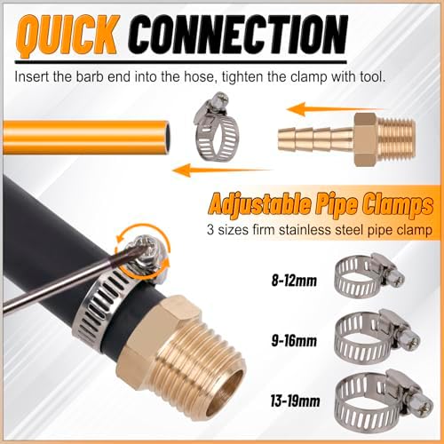 KOOTANS 132pcs Brass Hose Barb Fittings Assortment Kit Barb Splicer, Male Coupler, Female Adapter, 90° Male Elbow, Tee, Y Shaped Union Air Hose Fittings with Clamps for Water Fuel Air Line Connector - Image 6