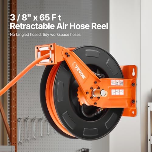 VEVOR Retractable Air Hose Reel with Double Arms, 3/8 IN x 65FT Hybrid Air Hose Max 300PSI, Air Compressor Hose Reel with 5FT Lead in, Ceiling/Wall Mount Heavy Duty Steel Reel for Workshop Garage - Image 2
