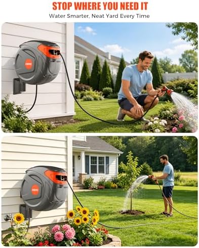 100FT Retractable Garden Hose Reel 1/2 Inch, Wall Mounted Heavy Duty Water Hose with Auto-Lock & 9-Pattern Nozzle, 180° Swivel, Slow Return System — UV Resistant Outdoor Storage - Image 4