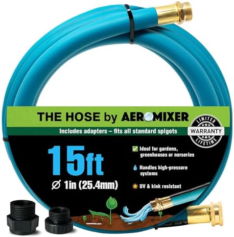 Aeromixer THE HOSE 1 Inch Garden Hose 15 Ft w/Adapter Set for 3/4 Spigots by AEROMIXER