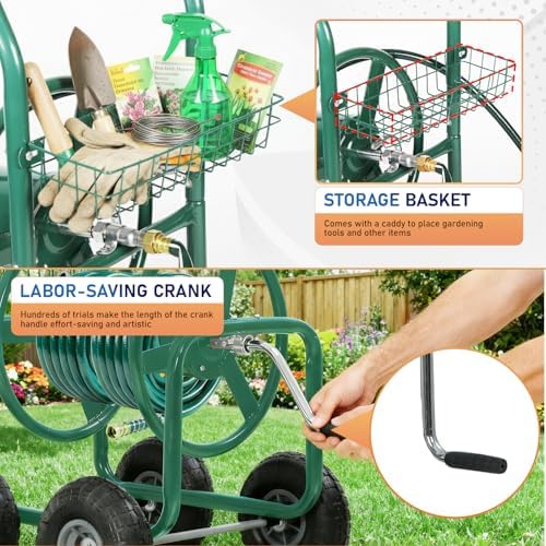 FDW Garden Hose Reel Cart, Water Hose Cart with 4 Wheels, Hold Up to 300 ft of 5/8’’ Hose，Heavy Duty Powder-Coated Steel Planting with Storage Basket, for Garden, Yard and Lawn - Image 4