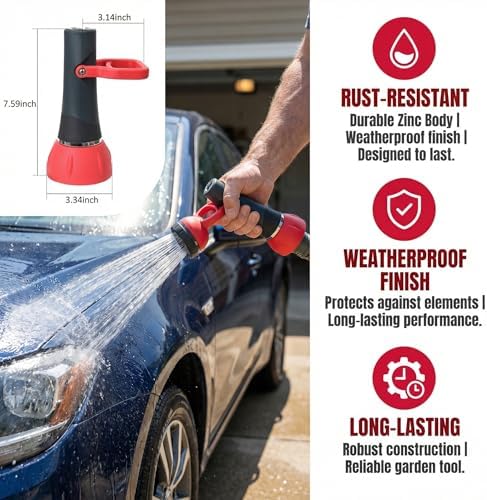Garden Hose Nozzle, Heavy-Duty Metal Spray Nozzle, Multi-Pattern Water Sprayer for Garden, Lawn, Car Wash (Straight Handle Type) - Image 3