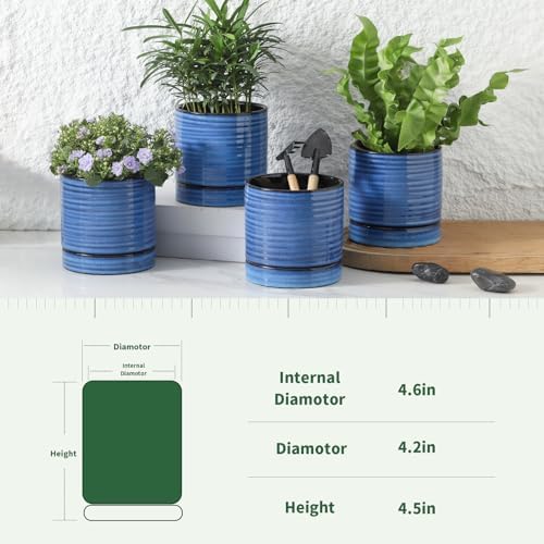 HASENSE Ceramic Indoor Plant Pots, 4.6 Inch Small Flower Planters with Drainage Hole and Saucer, Vintage Reactive Glaze Blue Pots for Succulents, Cactus, Herbs, Home Decor, Set of 4 - Image 3