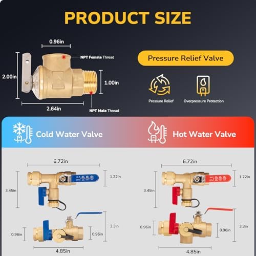 Tankless Water Heater Service Valve Kit, 3/4 Inch IPS Isolator Set with Pressure Relief Valve, Hot & Cold Shut-Off Valves, Lead-Free Premium Brass, Compatible with Rheem, Rinnai, Navien - Image 2