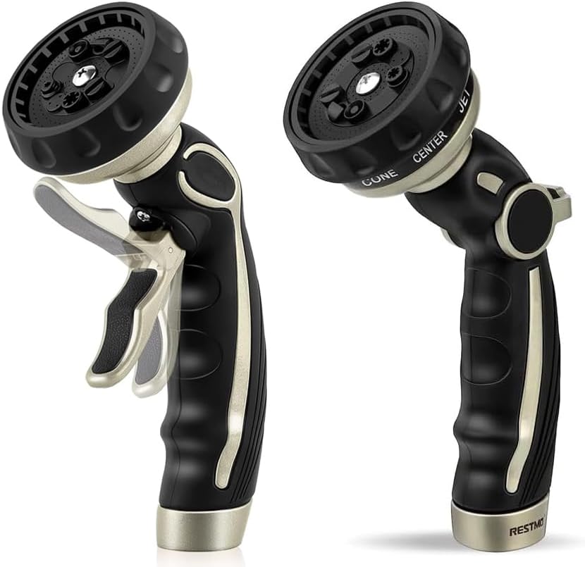RESTMO Hose Nozzle with Easy Self-Lock Trigger, Heavy Duty Metal Water Hose Sprayer with 9 Spray Patterns and On/Off Valve, High Pressure | Thumb Flow Control, Ideal for Outdoor Lawn & Plant Watering, by Restmo