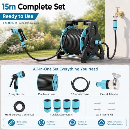 Wall-Mounted Garden Hose Reel, 100ft Retractable Water Pipe with 10-Pattern Spray Nozzle, Heavy-Duty PVC Resist-Kink Hose for Lawn, Car Wash, Gardening, All-in-One Kit 15M - Image 3
