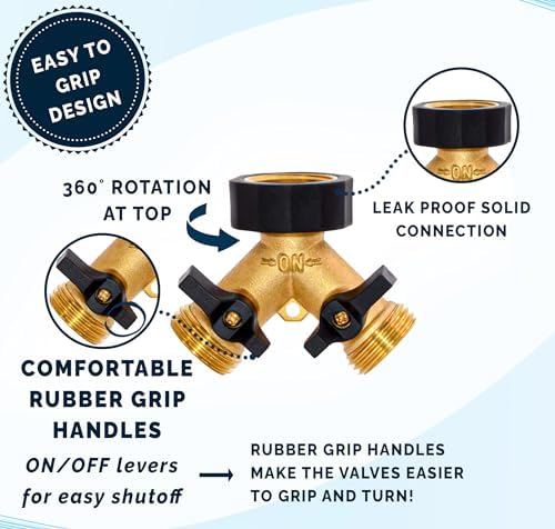 Morvat Garden Hose Splitter with Comfortable Rubber Grip Shut Off Valves, Heavy Duty Brass Connector, Water Tap, Y Splitter, 2 Valves, Outlet, Spigot, Includes 8 Extra Washers & Teflon Tape, 4-Pack - Image 3