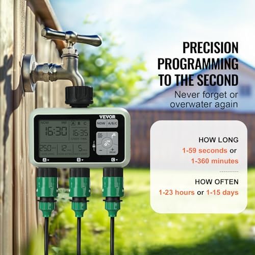 VEVOR Water Timer, 3 Outlets, Hose Watering Sprinkler Timer, with 3 Independent Watering Zone LCD Display Rain Delay Mode Manual Mode 360° Brass Inlet Metal Filter, IPX6 Waterproof for Yard Watering - Image 3
