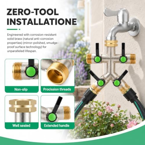 Hose Splitter 4 Way, Heavy Duty Brass Garden Faucet Splitter Long Handle - Image 5