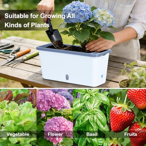 Oliz Window Box Planter 4 Packs, 14 Inches Rectangle Flower Pots with Breathable Drainage Holes, Pots for Vegetables, Herbs, Flowers, Garden Windowsill Balcony (White & Grey) - Image 6