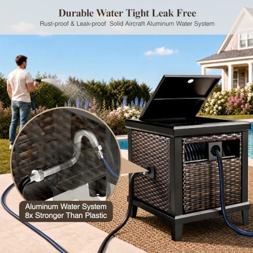 150FT Wicker Rattan Garden Hose Reel Hideaway Storage Deck Box, Metal Frame - Image 6