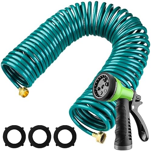 Pangda Expandable Coil Garden Hose 100 ft with Spray Nozzle, Green by Pangda