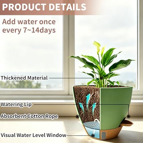 12"/10"/9"/8" Self Watering Pots with Visual Water Window,Extra Large Self Watering Plant Pots with Drainage Holes & Saucers,Green Planters for Indoor Plants,4-Pack - Image 3