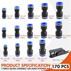 170PCS Quick Connect Air Hose Fittings Kit,1/8"1/4"3/8"1/2"5/16" NPT Push to Connect Fittings,Nickel Plated Pneumatic Quick Connect Fittings Set for Air Compressor,Automotive,Industrial,Air Systems - Image 2
