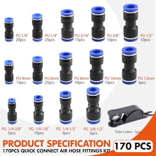 170PCS Quick Connect Air Hose Fittings Kit,1/8"1/4"3/8"1/2"5/16" NPT Push to Connect Fittings,Nickel Plated Pneumatic Quick Connect Fittings Set for Air Compressor,Automotive,Industrial,Air Systems - Image 2