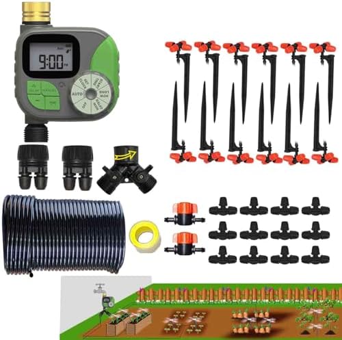 Drip Irrigation Kit Automatic Watering System with Water Timer 64FT 1/4 Tubing and 12 Rain Spray Watering Nozzles in 4 Directions for Potted Plants Yard Lawn Juvenile Plants Greenhouse Mist by FesmTek