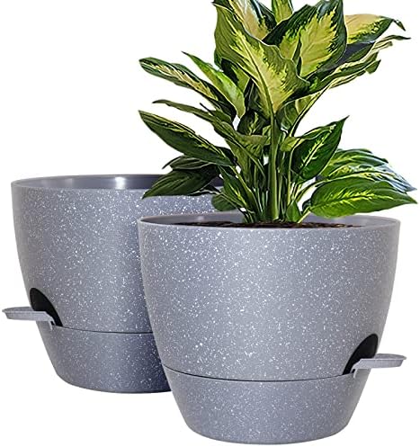 10 inch Self Watering Planters, 2 Pack Large Plastic Plant Pots with Deep Reservior and High Drainage Holes for Indoor Outdoor Plants and Flowers, Speckled Grey by WOUSIWER
