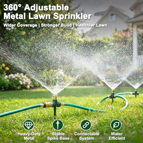 FANHAO 3-Pack Heavy-Duty Metal Lawn Sprinkler for Yard, 360° Adjustable Garden Water Sprinkler with Spike Base, Large Area Irrigation System for Lawn, Grass, Patio & Backyard - Image 2