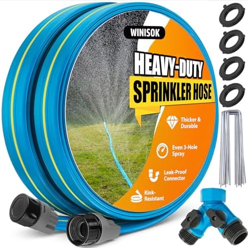 Winisok Upgrade Flat Sprinkler Soaker Hose for Garden, Heavy Duty 3-Tube Lawn Irrigation Hose with Landscape Stakes, No-Kink Flexible Watering Hose for Yard, Plants (50FT x 2Packs) by Winisok