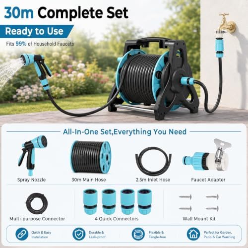 Wall-Mounted Garden Hose Reel, 100ft Retractable Water Pipe with 10-Pattern Spray Nozzle, Heavy-Duty PVC Resist-Kink Hose for Lawn, Car Wash, Gardening, All-in-One Kit 30m - Image 3