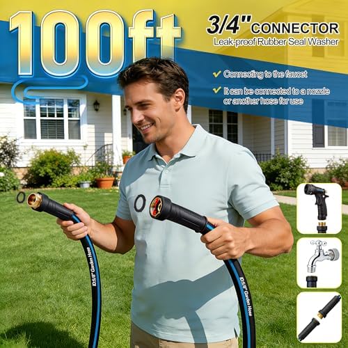 Flexible Garden Hose 100 FT NON-EXPANDABLE, Lightweight Kink-free Hybrid Outdoor Hose Pipe with Leakproof Connectors, Durable Heavy Duty Water Hose for Outside Watering, House Cleaning - Image 5