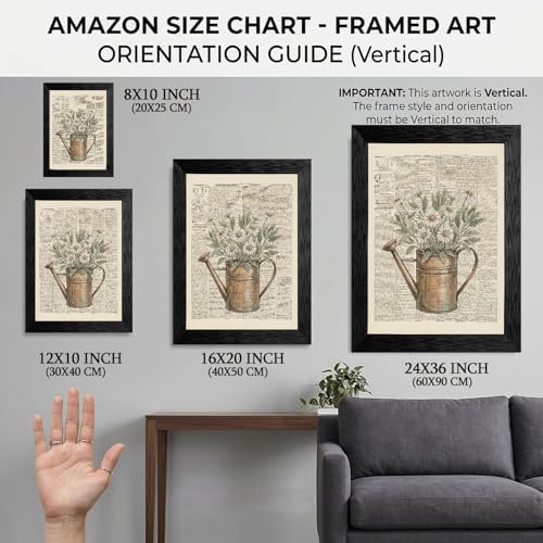 Framed Canvas Wall Art Vintage Mixed Media Watering Can Daisies Muted Watercolor on Newspaper Canvas Print Poster Black Frame Wall Decor for Living Room Cottagecore Art, Rustic Decor - 12x16 Inch - Image 2