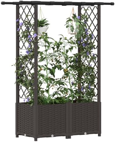 Polypropylene Raised Garden Bed with Trellis & Roof, Brown - Image 3